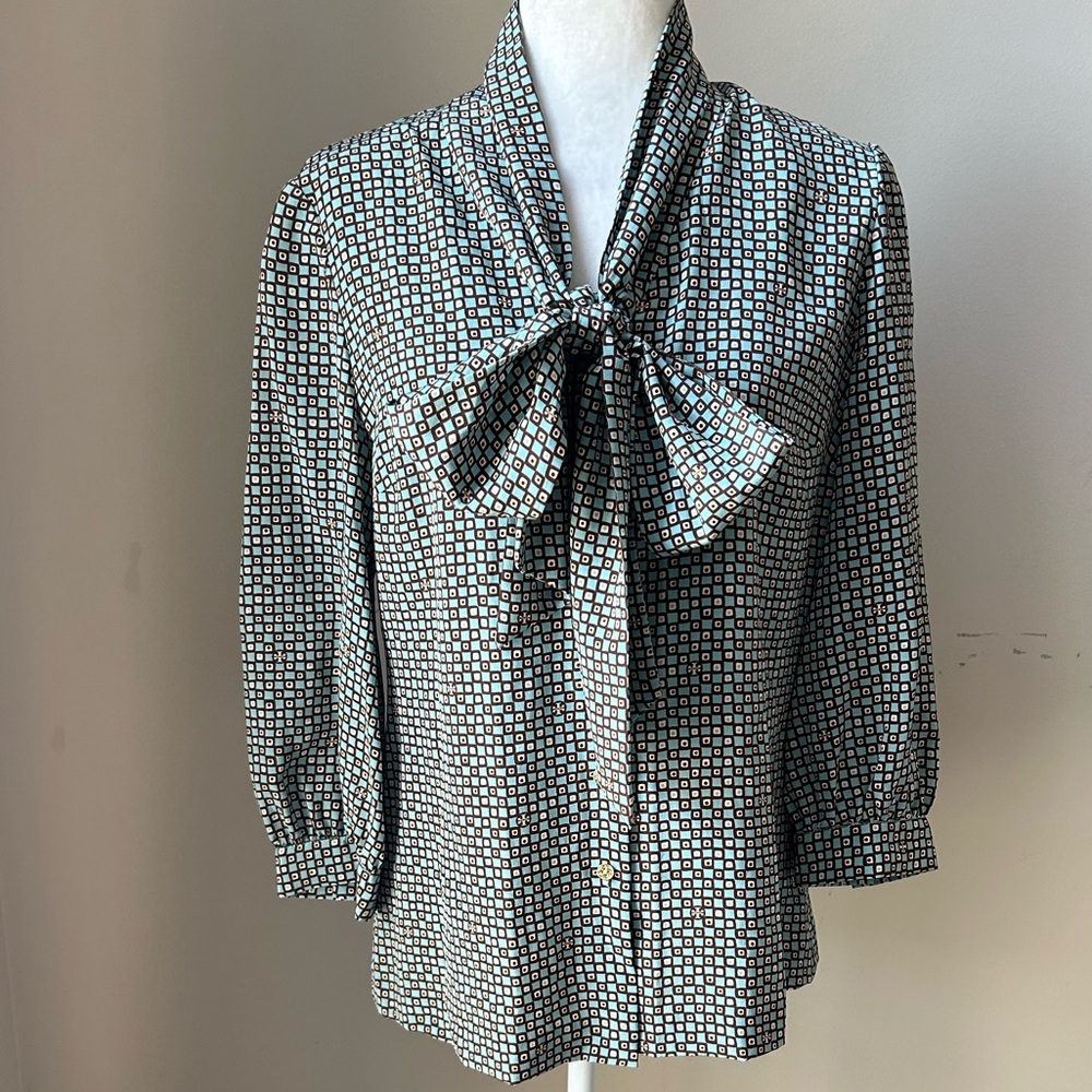 Tory Burch Black and White Geometric Bow Tie Blouse